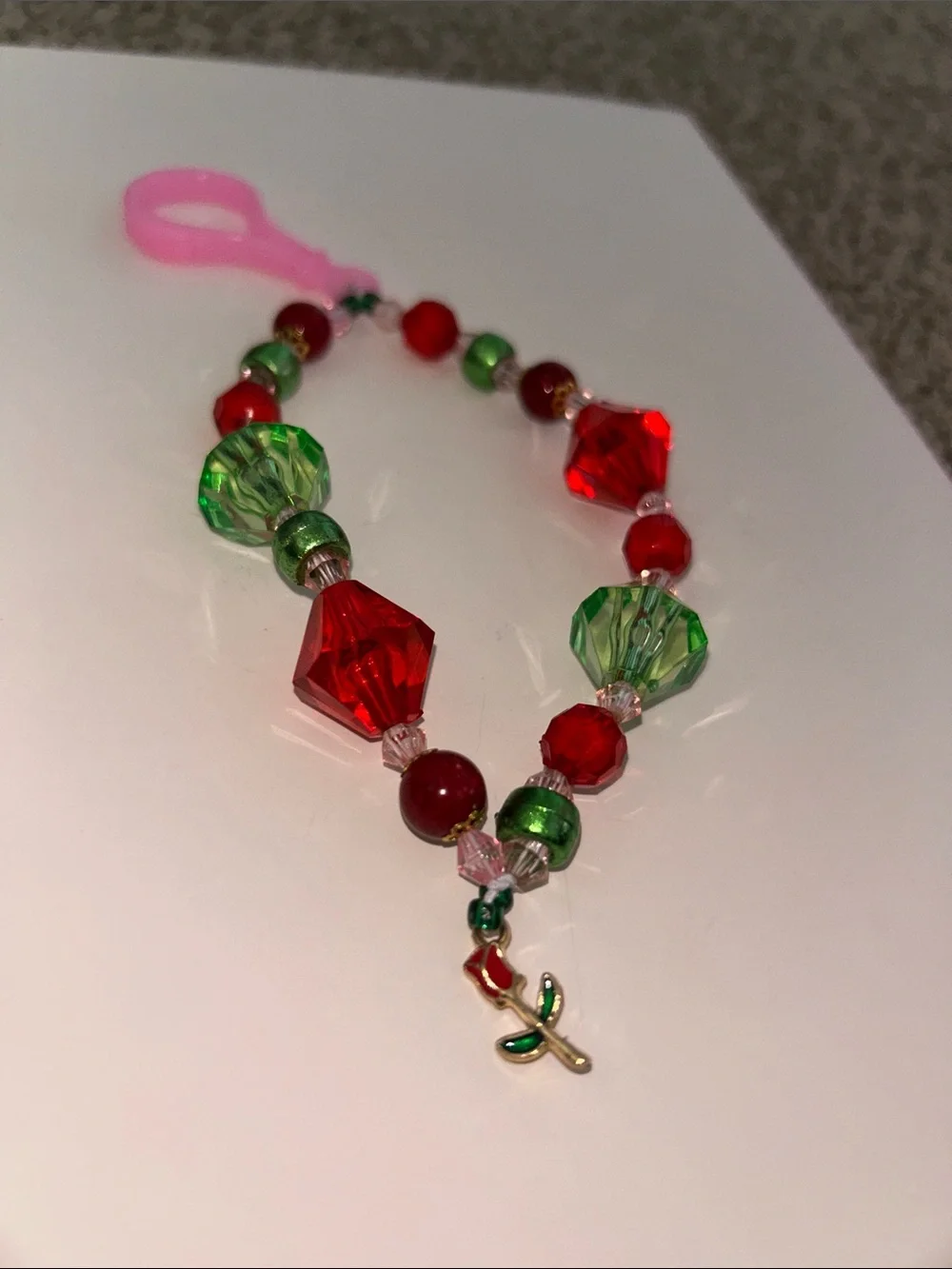 Beaded Red & Green Bracelet with Pink Clip